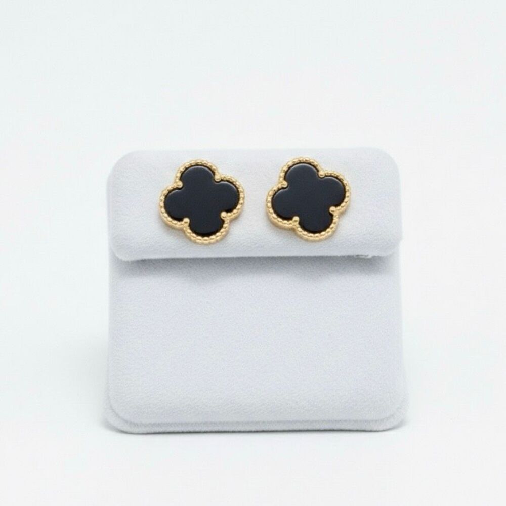 Black Onyx Clover Stud Earrings Gold Vermeil Beaded Trim Elegant Gift New